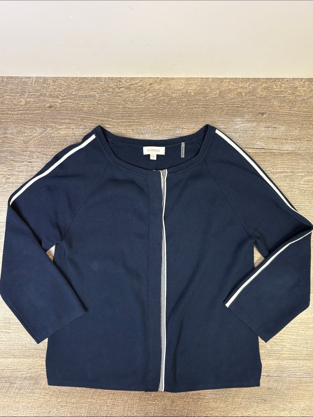 Kinross Navy Blue Cotton Knit Striped Cardigan Sweater Size S